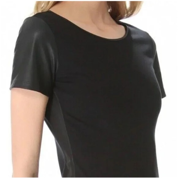 Theory Black Sheath Body Con Dress With Short Sleeves And Leather Details - Picture 8 of 9